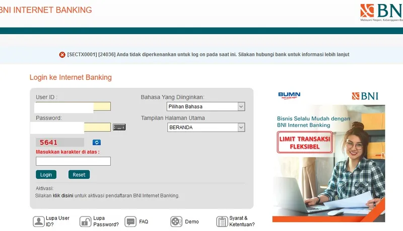 Bank BNI Anda tidak diperkenankan untuk log on pada saat ini