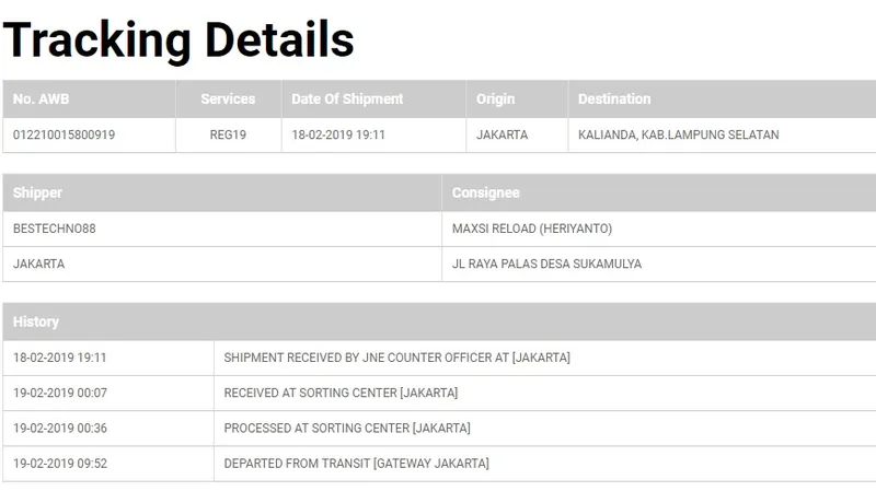 Arti Status Pengiriman Paket JNE dari Jakarta ke Lampung
