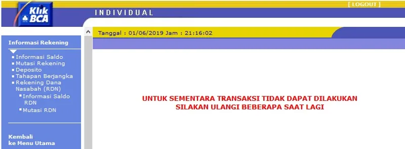 BCA :  UNTUK SEMENTARA TRANSAKSI TIDAK DAPAT DILAKUKAN