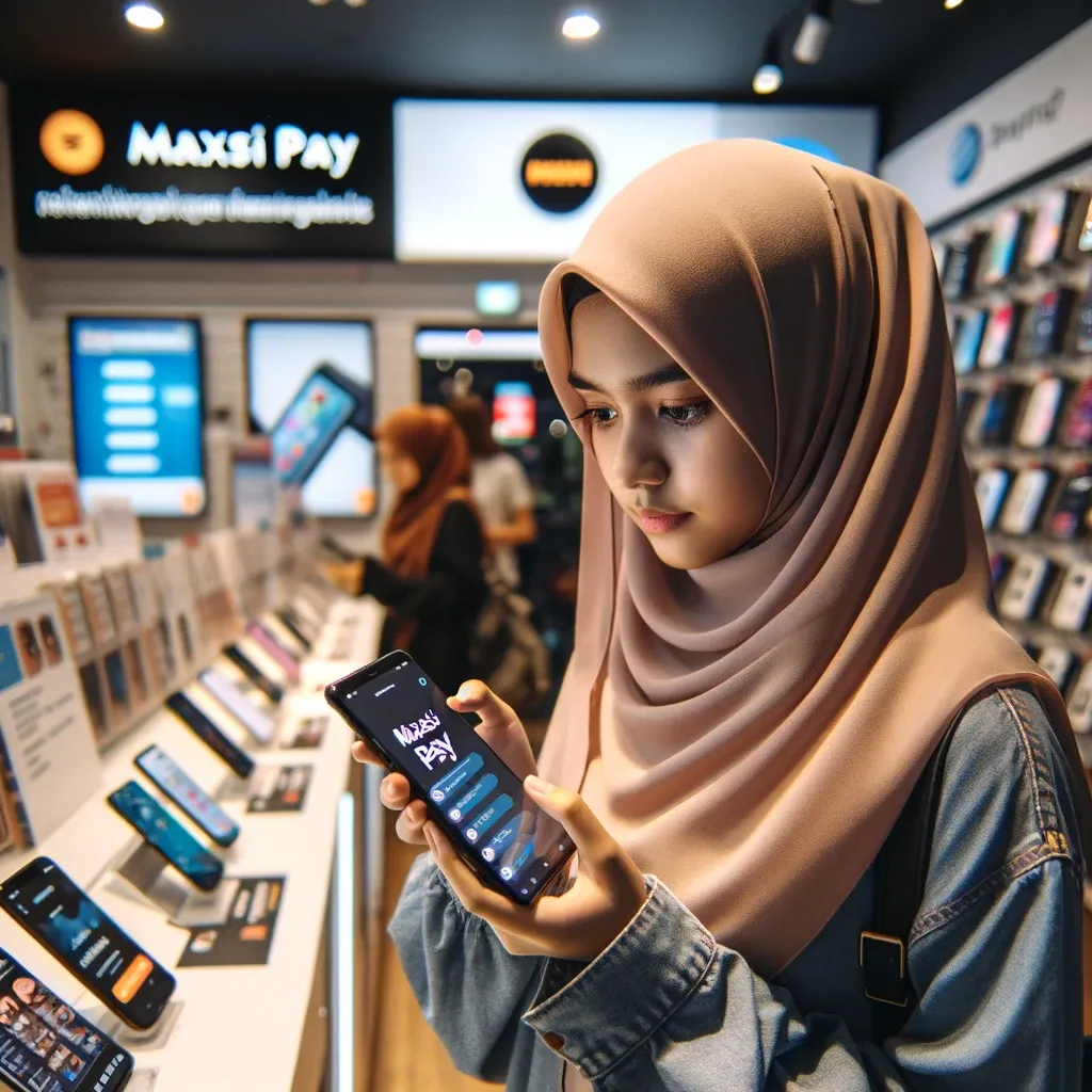 Wanita memegang HP di toko elektronik.