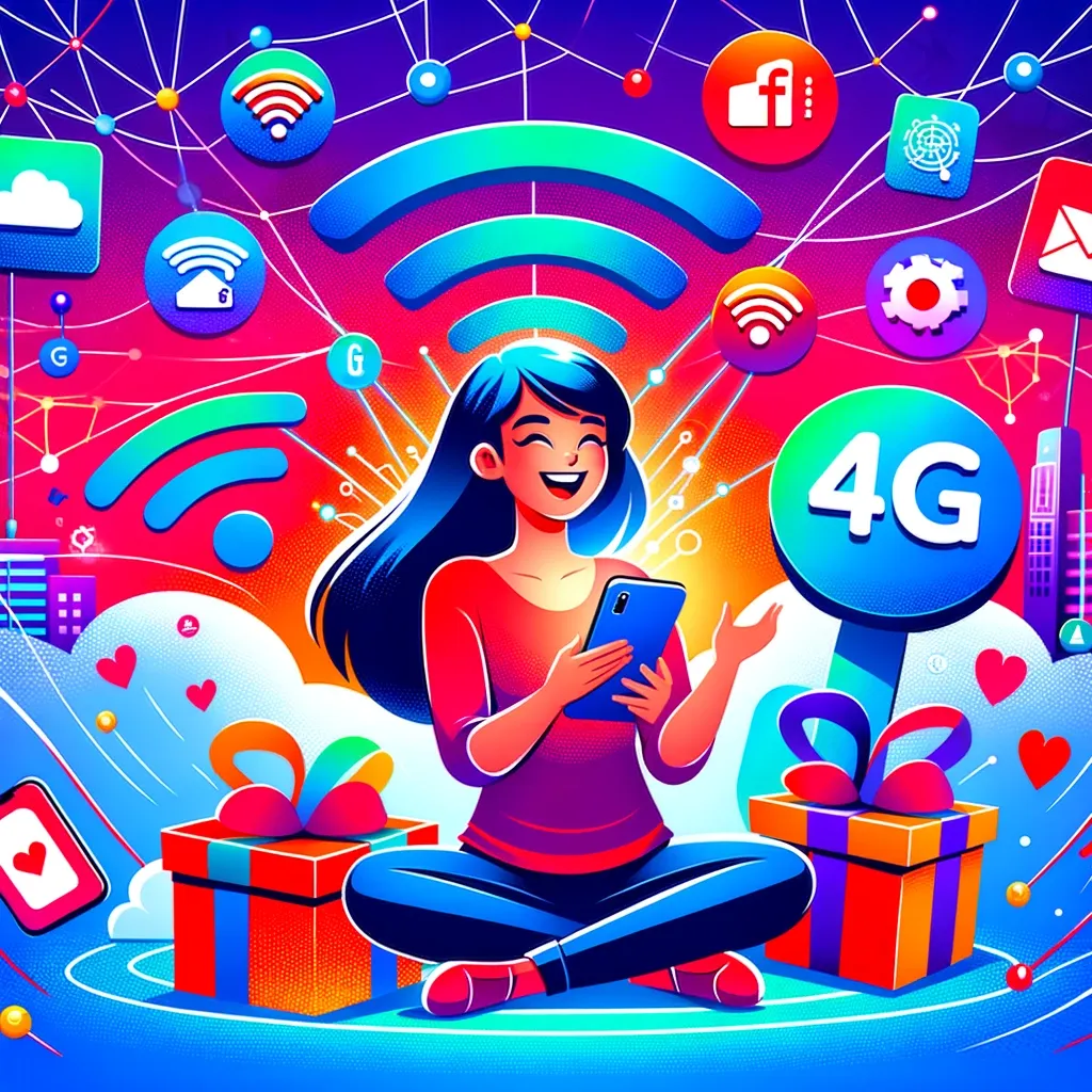 Ilustrasi wanita dan konektivitas 4G.