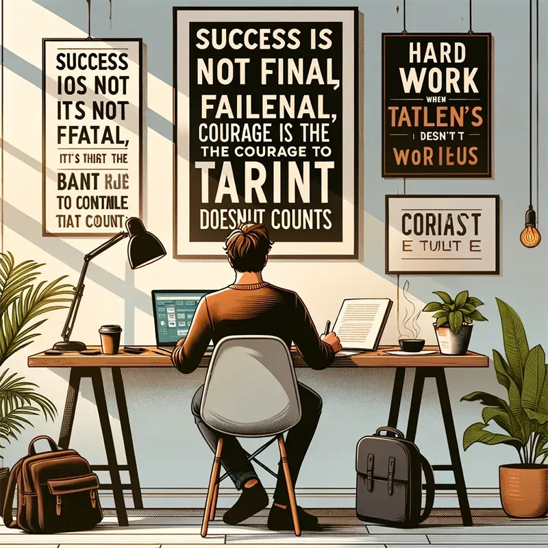 Seseorang bekerja di meja dengan motivasi poster di dinding.