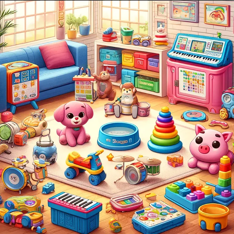 Ruang main penuh mainan berwarna-warni dan boneka.