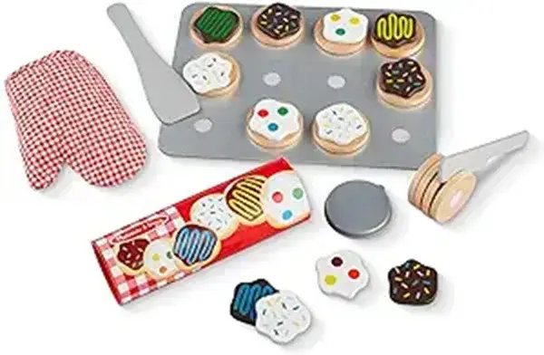 Mainan set memasak kue dengan sarung tangan oven.