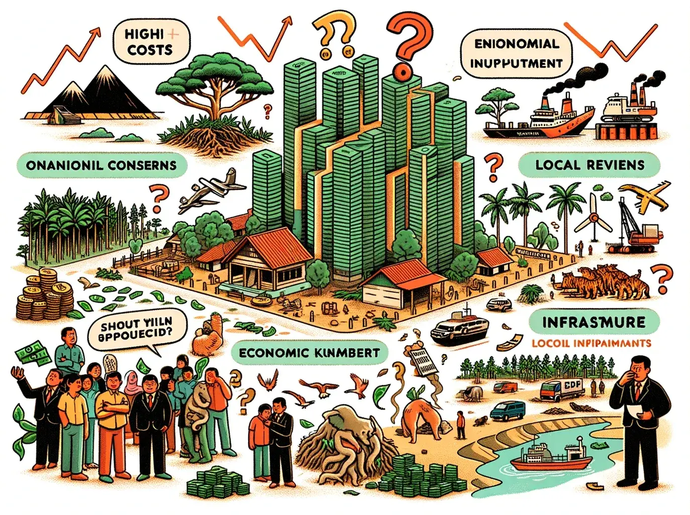 Ilustrasi berbagai masalah pembangunan ekonomi dan lingkungan.
