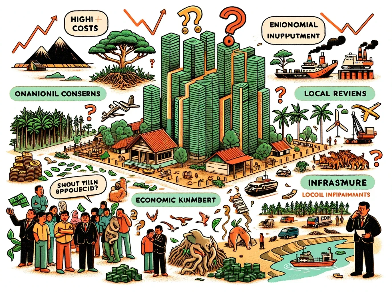 Ilustrasi berbagai masalah pembangunan ekonomi dan lingkungan.