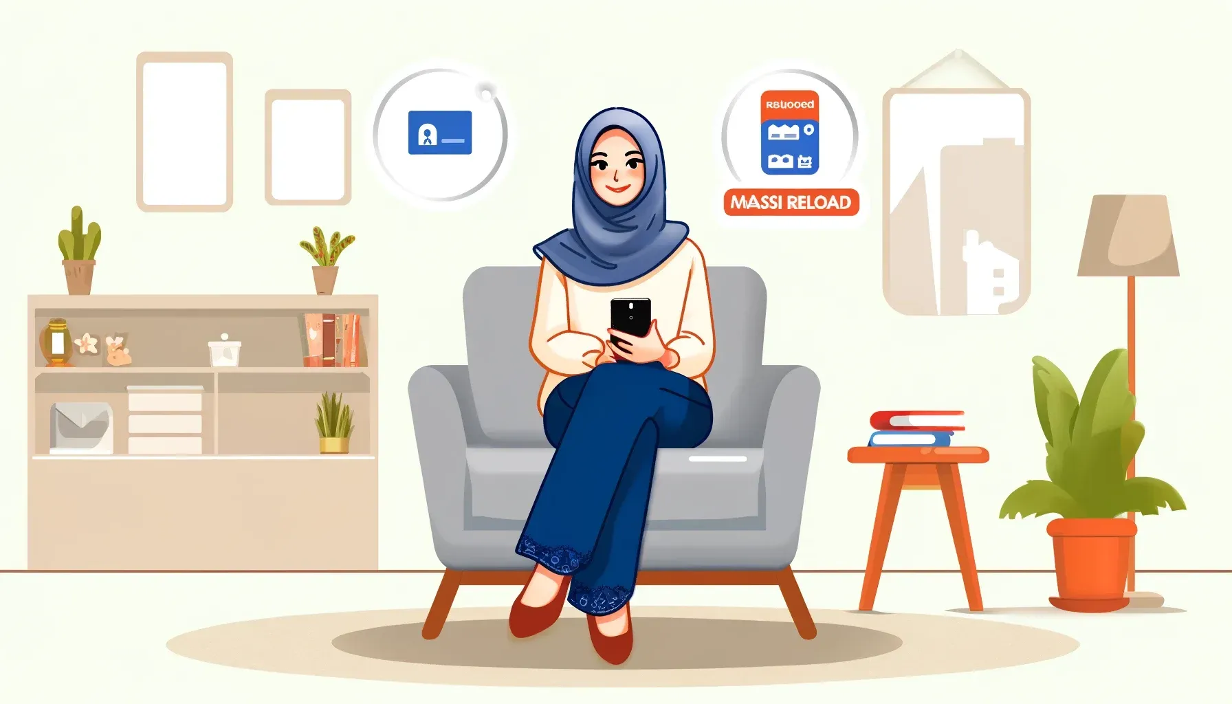 Wanita berjilbab duduk di kursi dengan ponsel di tangan.