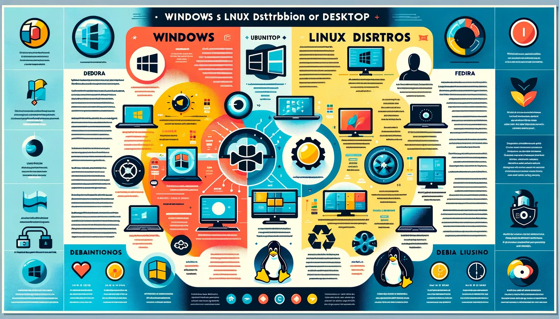 Infografis perbandingan sistem operasi Windows dan Linux.