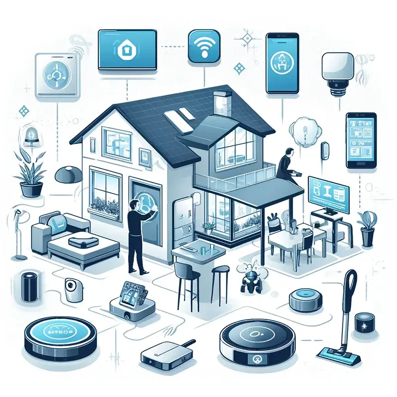 Rumah pintar dengan perangkat IoT dan kontrol nirkabel.