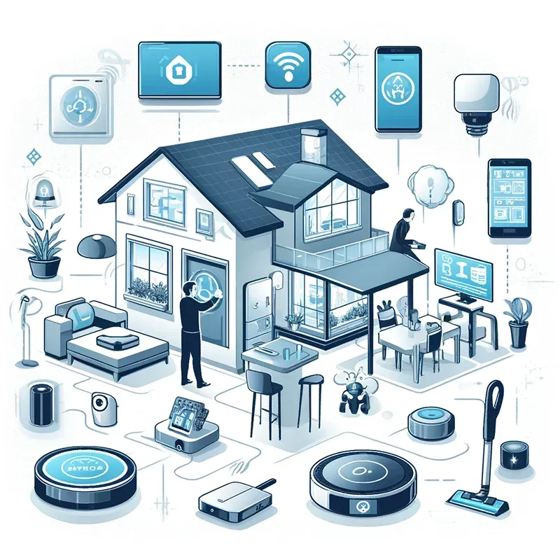 Rumah pintar dengan perangkat IoT dan kontrol nirkabel.