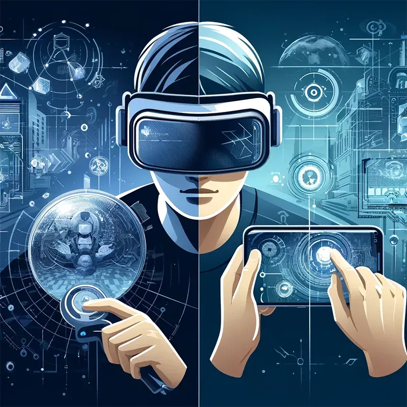 Pengguna dengan VR headset dan ponsel, teknologi canggih.