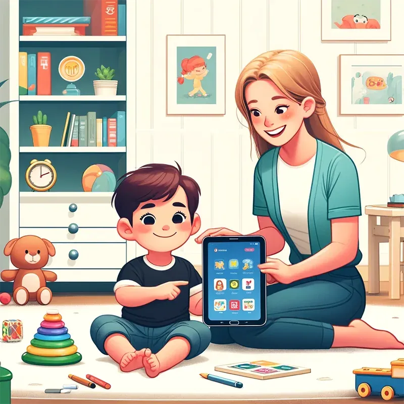 Ibu dan anak bermain aplikasi edukasi di tablet.