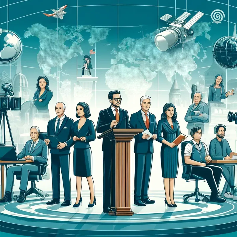 Konferensi pers internasional dengan peta dunia di latar belakang.