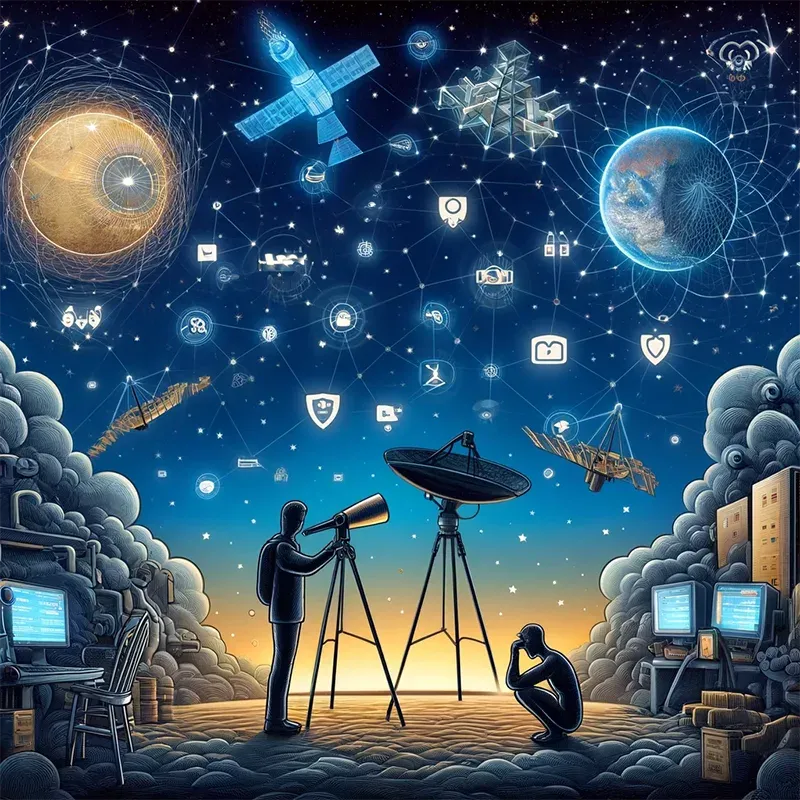 Ilustrasi jejaring dan eksplorasi angkasa dengan alat canggih.