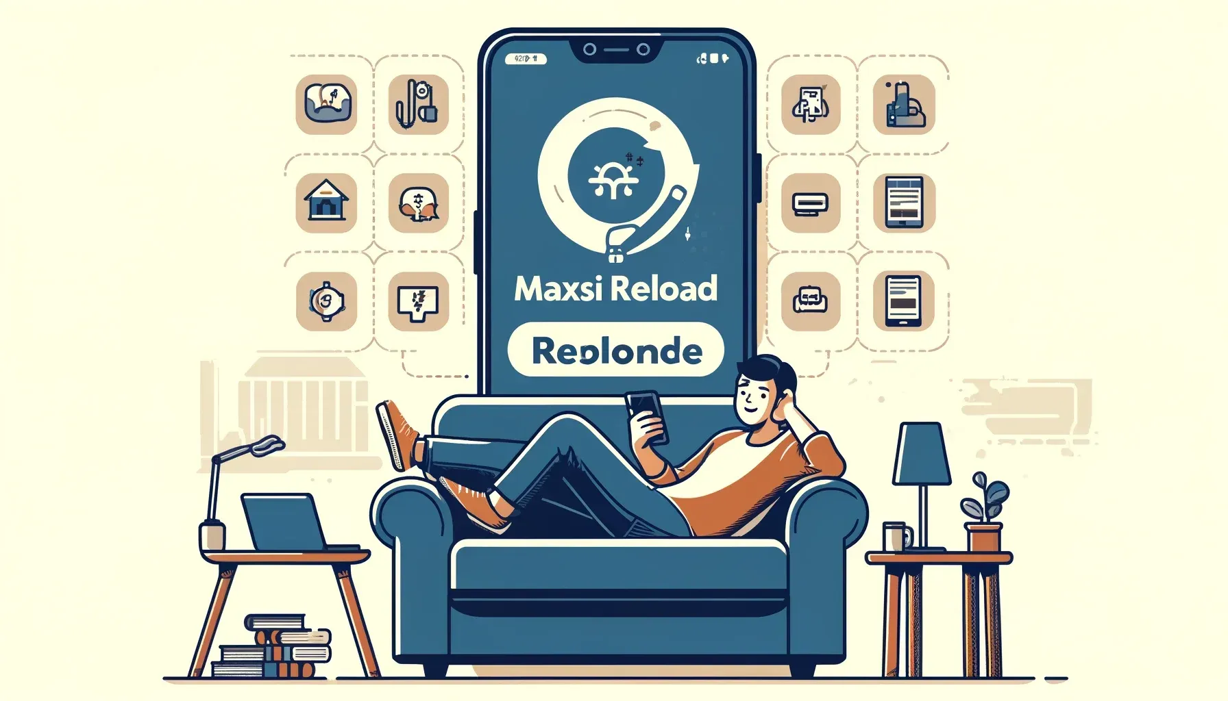 Pria bersantai di sofa dengan aplikasi Maxsi Reload di ponsel.