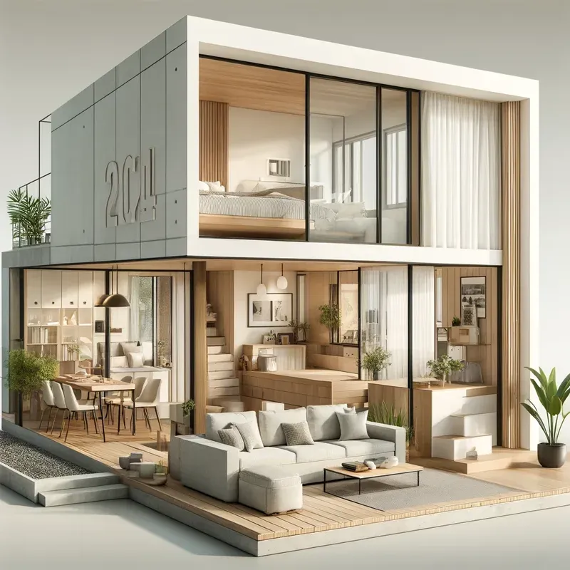 Rumah modern dengan desain minimalis dan interior kayu.