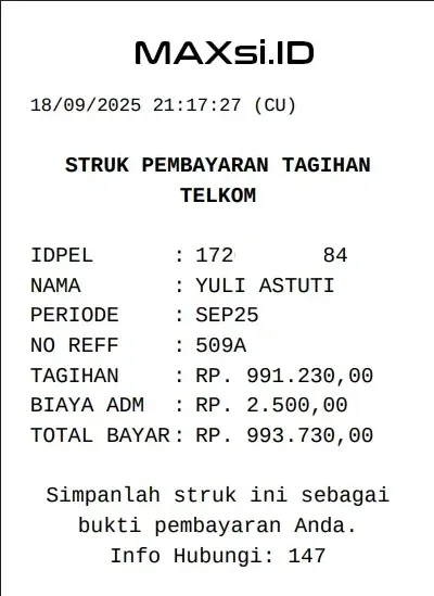 Struk Pembayaran Tagihan Telkom & IndiHome