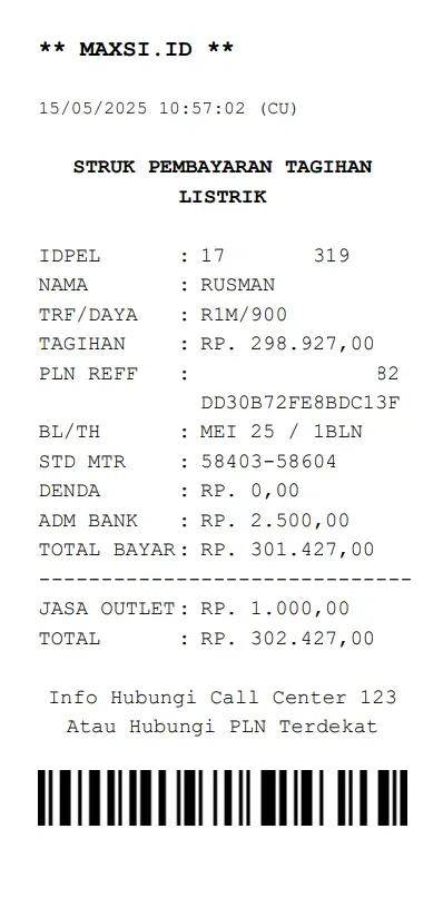 Contoh Struk Bayar PLN MAXsi Reload