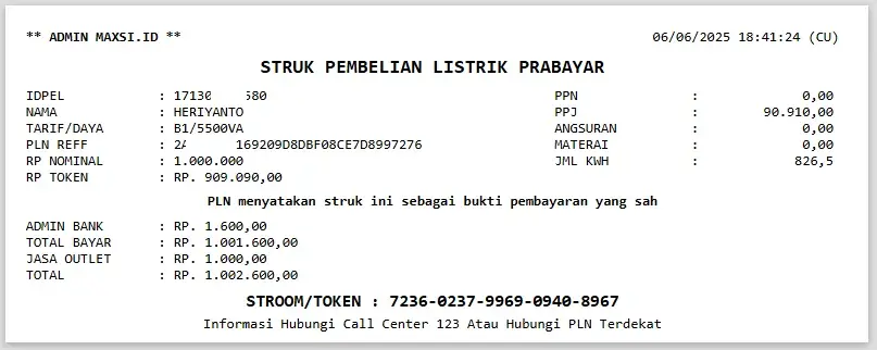 Contoh Struk Bayar PLN MAXsi Reload