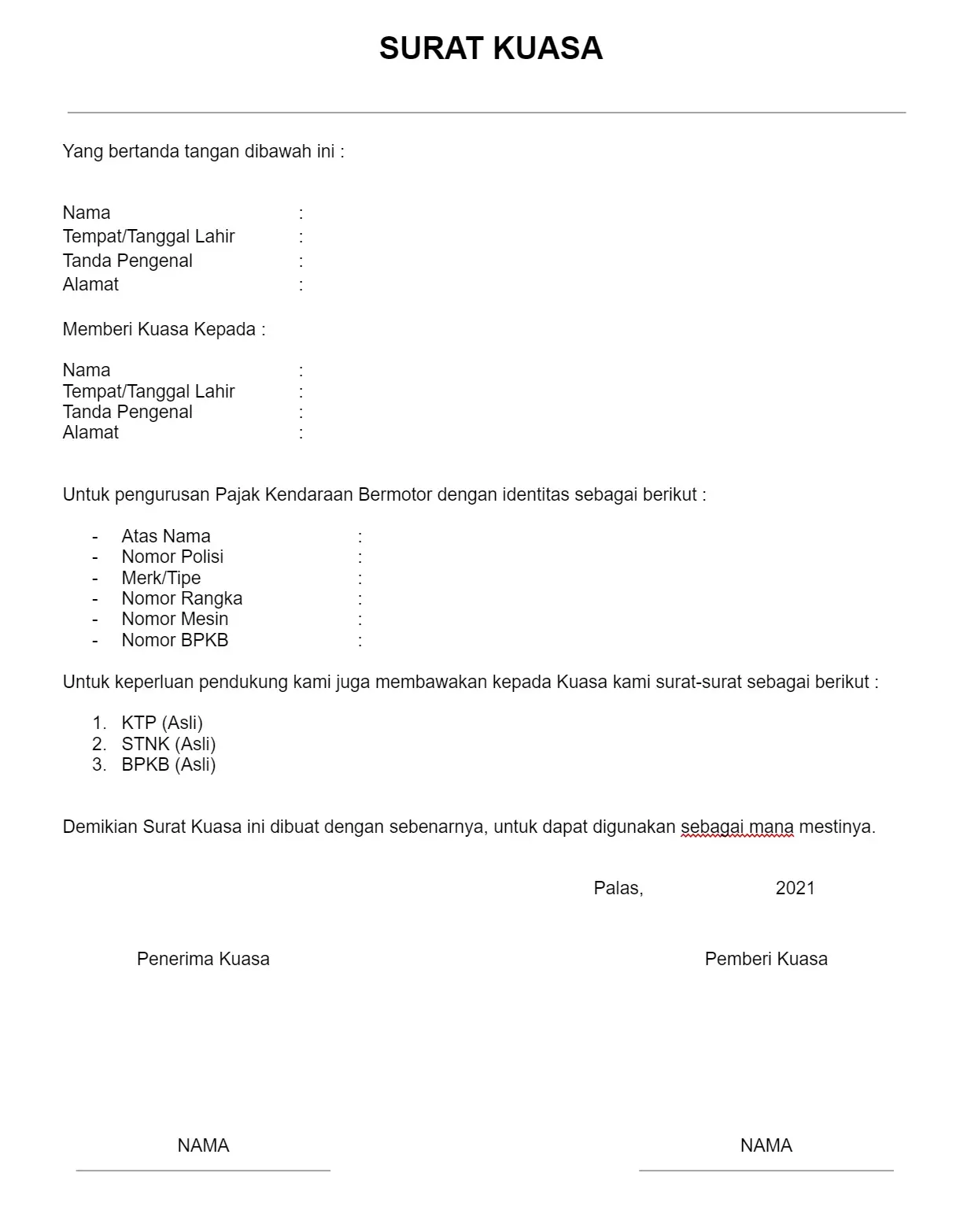 contoh surat kuasa untuk pajak kendaraan motor mobil