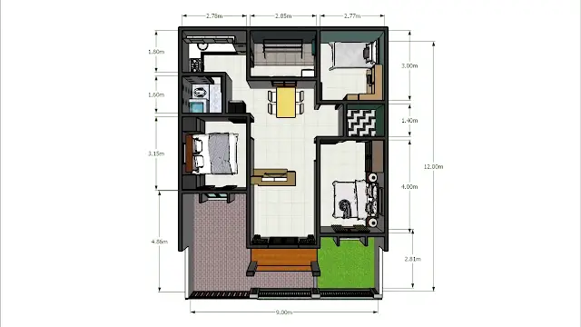 Denah Rumah ukuran 9 X 12 M