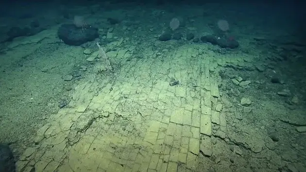 Jalan batu bata kuning di dasar laut.