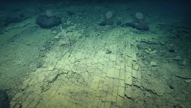 Jalan batu bata kuning di dasar laut.